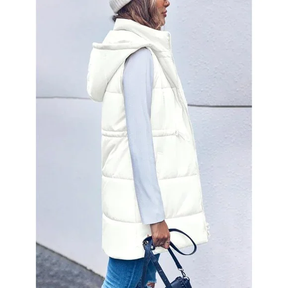 Womens Quilted Puffer Vests Hooded Sleeveless Long Outwear Jacket Zip Up Winter